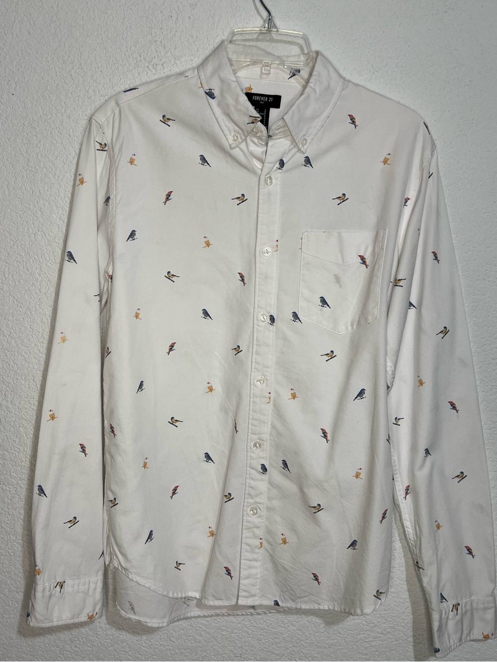 Forever 21 White Cotton Bird Pattern Long Sleeve Casual Shirt Like New Small
